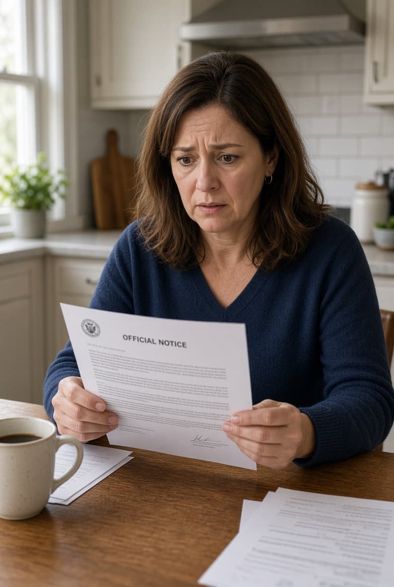 A woman at her kitchen table looking worried while reading an official notice